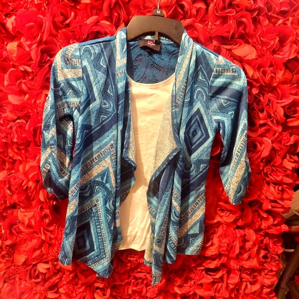 IZ Byer Girls Size 10/12 Turquoise Open Cardgan Style with White Tank attached